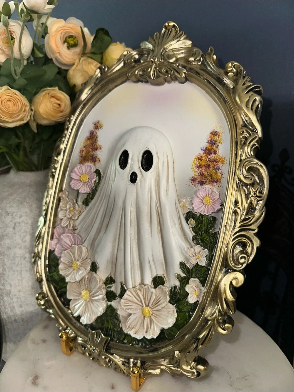 Gold Framed Floral Ghost Wall Decor - White